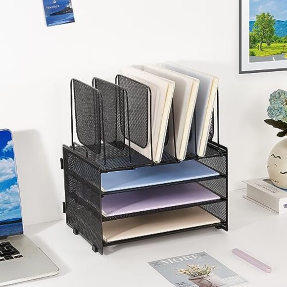 3-Tier Metal Desk Organizer with 5 File Holders, Office Supplies Storage - Picture 4 of 8